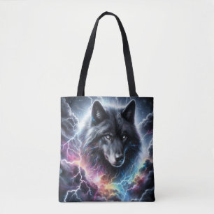 Black Wolf Lightning Storm Fantasy Wildlife Tote Bag