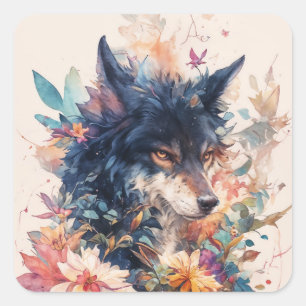 Black Wolf Portrait with Autumn Leaves Square Sticker