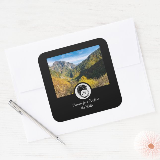 Black Wolf Silhouette Laurel Monogram Photo Square Sticker (Envelope)