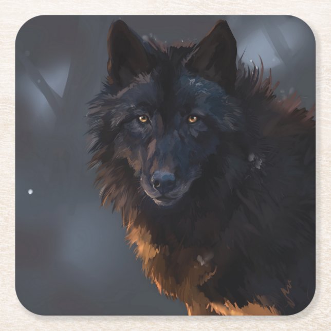 Black Wolf Square Paper Coaster (Front)