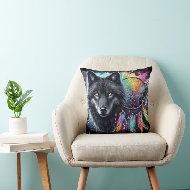 Black Wolf with a Dreamcatcher Cushion (Chair)