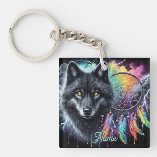 Black Wolf with a Dreamcatcher Key Ring (Front)
