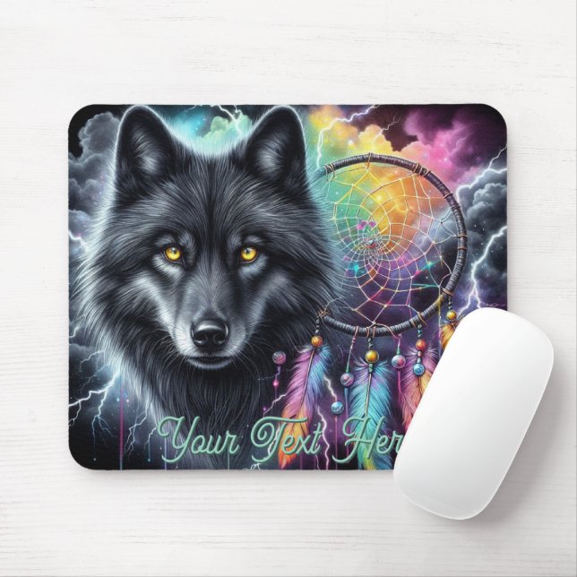 Black Wolf with a Dreamcatcher Mouse Mat (With Mouse)