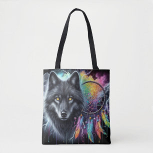 Black Wolf with a Dreamcatcher Tote Bag
