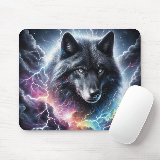 Black Wolf with Lightning Mouse Mat (With Mouse)