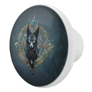 Black wolfs head with piercing blue eyes, ceramic knob