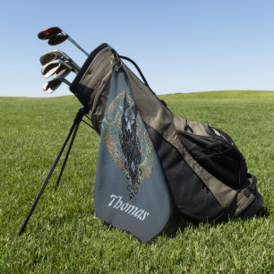 Black wolfs head with piercing blue eyes golf towel