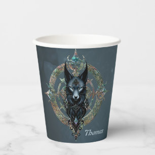 Black wolfs head with piercing blue eyes paper cups
