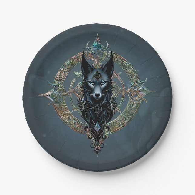 Black wolfs head with piercing blue eyes paper plate (Front)