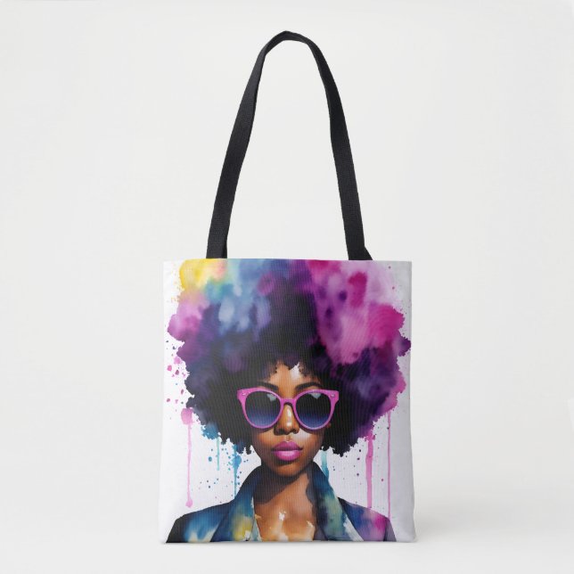 Black Woman Afro Hair and Sunglasses Rainbow Art Tote Bag (Front)