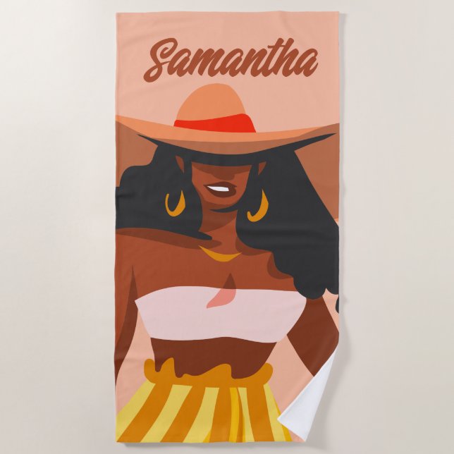 Black Woman, Big Hat, Vacation Vibes Beach Towel (Front)