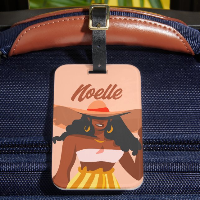 Black Woman, Big Hat, Vacation Vibes Luggage Tag (Front Insitu 2)
