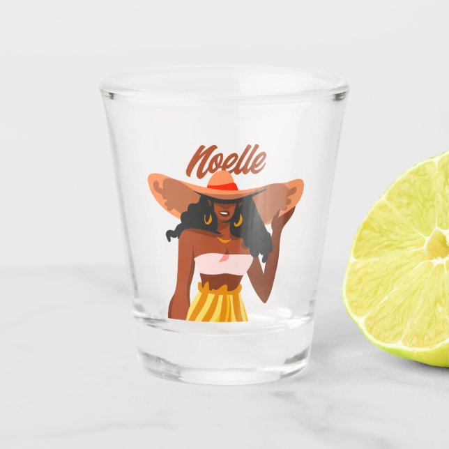 Black Woman, Big Hat, Vacation Vibes Shot Glass (Front)