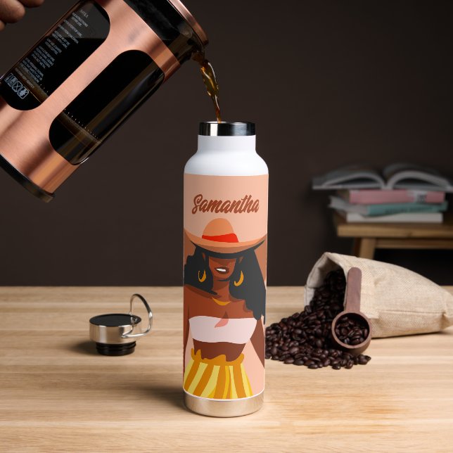 Black Woman, Big Hat, Vacation Vibes Water Bottle (Coffee)