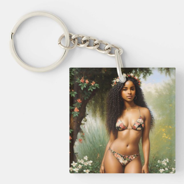 Black Woman Bikini Model Floral Beauty Key Ring (Front)