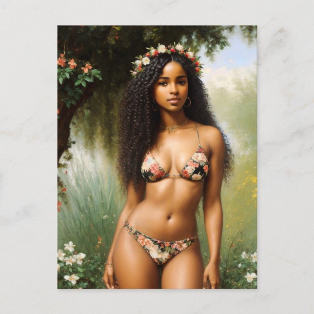 Black Woman Bikini Model Floral Beauty Postcard (Front)