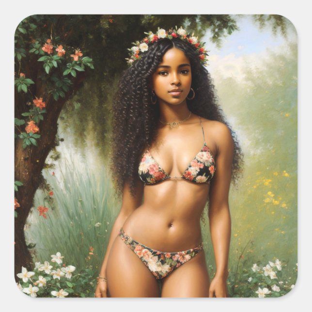 Black Woman Bikini Model Floral Beauty Square Sticker (Front)