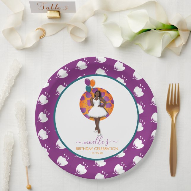 Black Woman, Birthday Balloons & Flowers, Purple Paper Plate (Wedding)