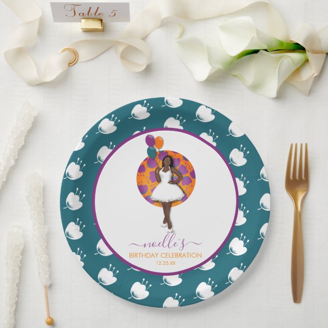 Black Woman, Birthday Balloons & Flowers Teal Paper Plate (Wedding)