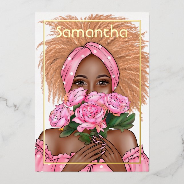 Black Woman Birthday Party Foil Invitation (Front)