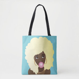 Black Woman, Blonde Afro, Pink Bubblegum, Blue Tote Bag
