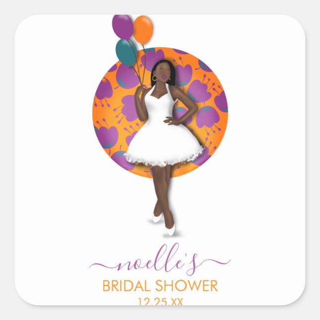 Black Woman Bridal Shower Balloons & Flowers Square Sticker (Front)