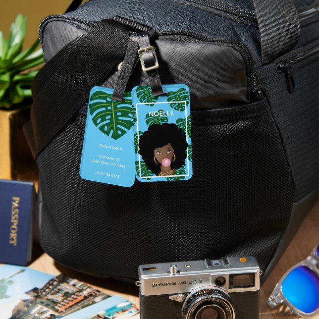 Black Woman, Bubblegum, Tropical Leaves, Blue Luggage Tag (Front & Back)
