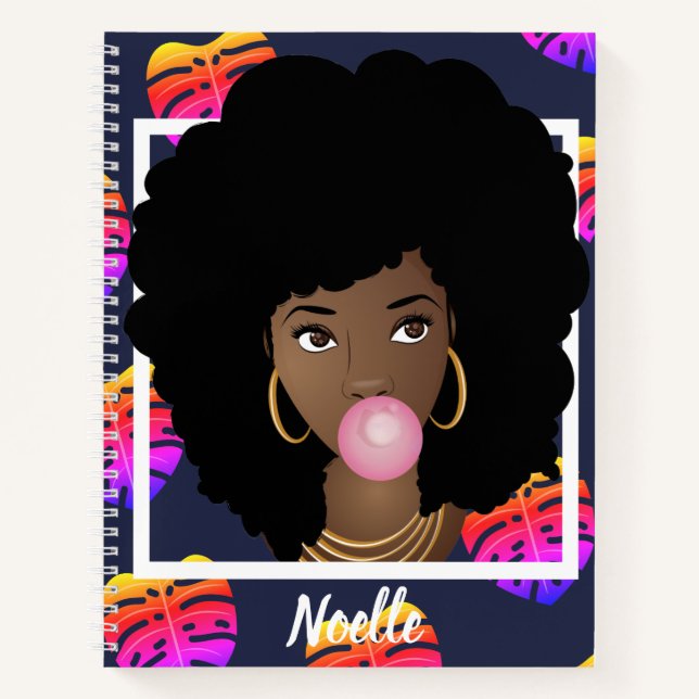 Black Woman, Bubblegum, Tropical Leaves Navy Blue Notebook (Front)