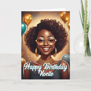 Black Woman Celebrating Birthday Balloons Card