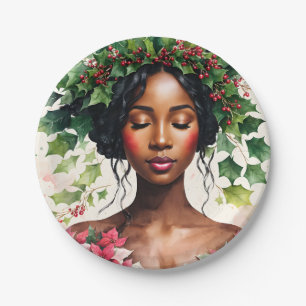 Black Woman Christmas Holly Poinsettia Art Paper Plate