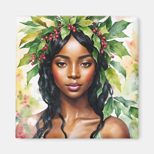 Black Woman Christmas Holly Watercolor Art Magnet