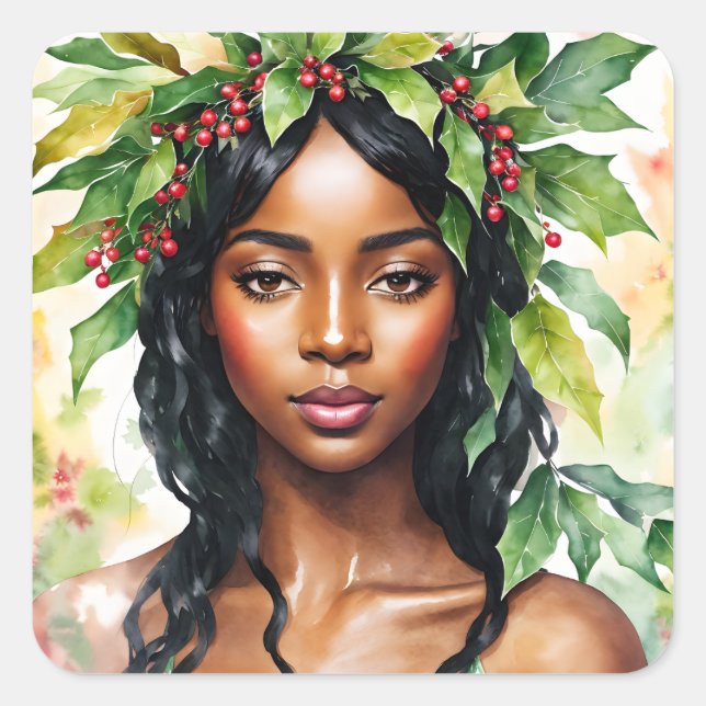 Black Woman Christmas Holly Watercolor Art Square Sticker (Front)