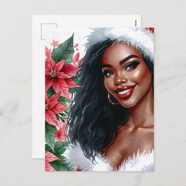 Black Woman Christmas Poinsettia Holiday Postcard (Front/Back)