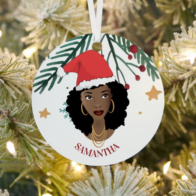 Black Woman, Christmas Red Santa Hat, Tree, Stars Metal Tree Decoration (Insitu)