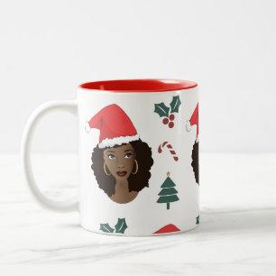 Black Woman, Christmas Santa Hat, Candy Cane, Tree Two-Tone Coffee Mug