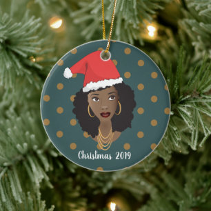 Black Woman, Christmas Santa Hat, Polka Dot Teal Ceramic Tree Decoration