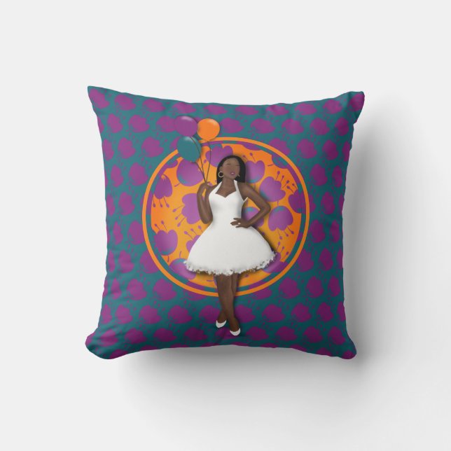 Black Woman Colourful Balloons Flower Pattern Teal Cushion (Front)
