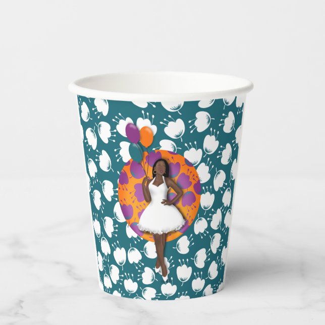 Black Woman Colourful Balloons Flower Pattern Teal Paper Cups (Front)