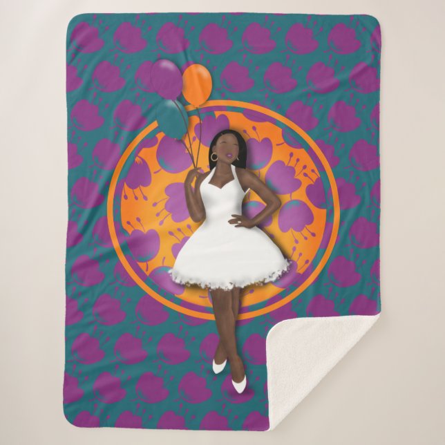 Black Woman Colourful Balloons Flower Pattern Teal Sherpa Blanket (Front)