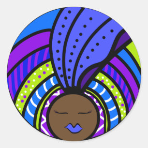 Black Woman, Colourful Blue Turban Classic Round Sticker