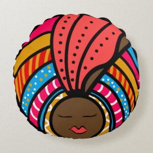 Black Woman Colourful Turban, Orange Round Cushion