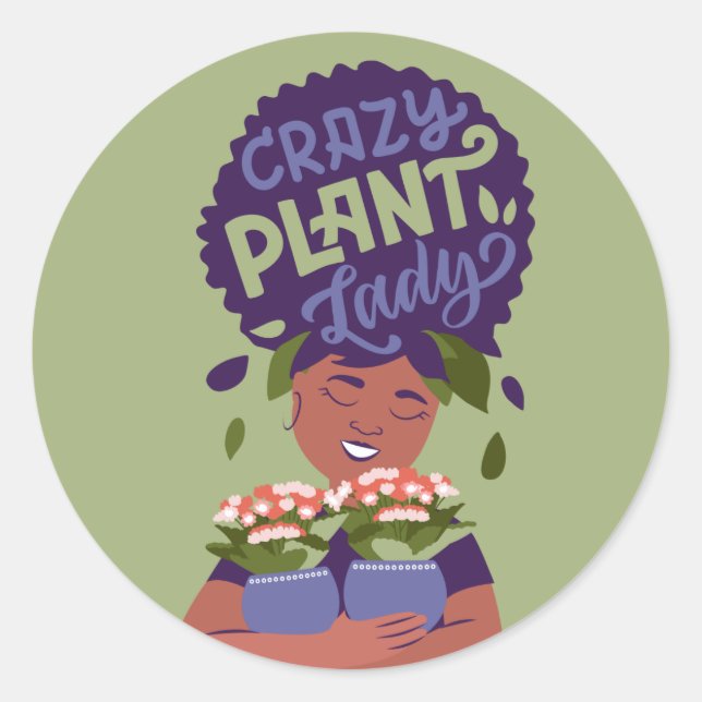 Black Woman Crazy Plant Lady, Hugging Plants Classic Round Sticker (Front)