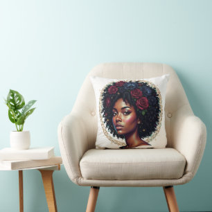 Black Woman Dark Floral Afro Cushion