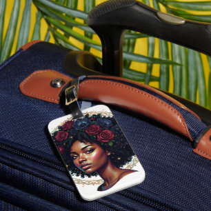 Black Woman Dark Floral Afro Luggage Tag