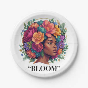 Black Woman Dark Floral Afro Paper Plate