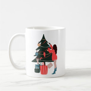 Black Woman Decorating Christmas Tree Coffee Mug