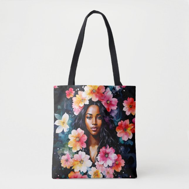 Black Woman Floral Art Tote Bag (Front)