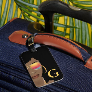 Black Woman Flower in Hair, Monogram, Pink & Beige Luggage Tag