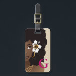 Black Woman Flower in Hair, Monogram, Pink & Beige Luggage Tag<br><div class="desc">This luggage tag design features a natural beauty with curly brown afro,  layered necklaces,  and gold hoops on a beige background with your initial on the front. The back features a natural beauty with a brown curly afro,  layered necklaces,  and gold hoops on a magenta background. Safe travels!</div>