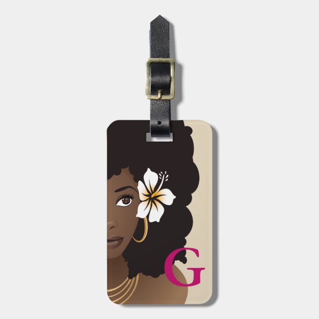 Black Woman Flower in Hair, Monogram, Pink & Beige Luggage Tag (Front Vertical)